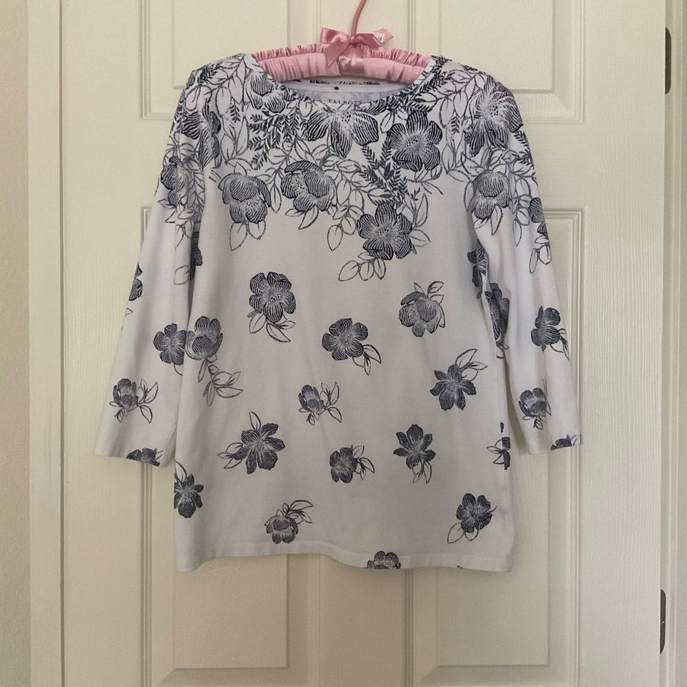Talbots Top White Navy Floral 3/4 Sleeves MP